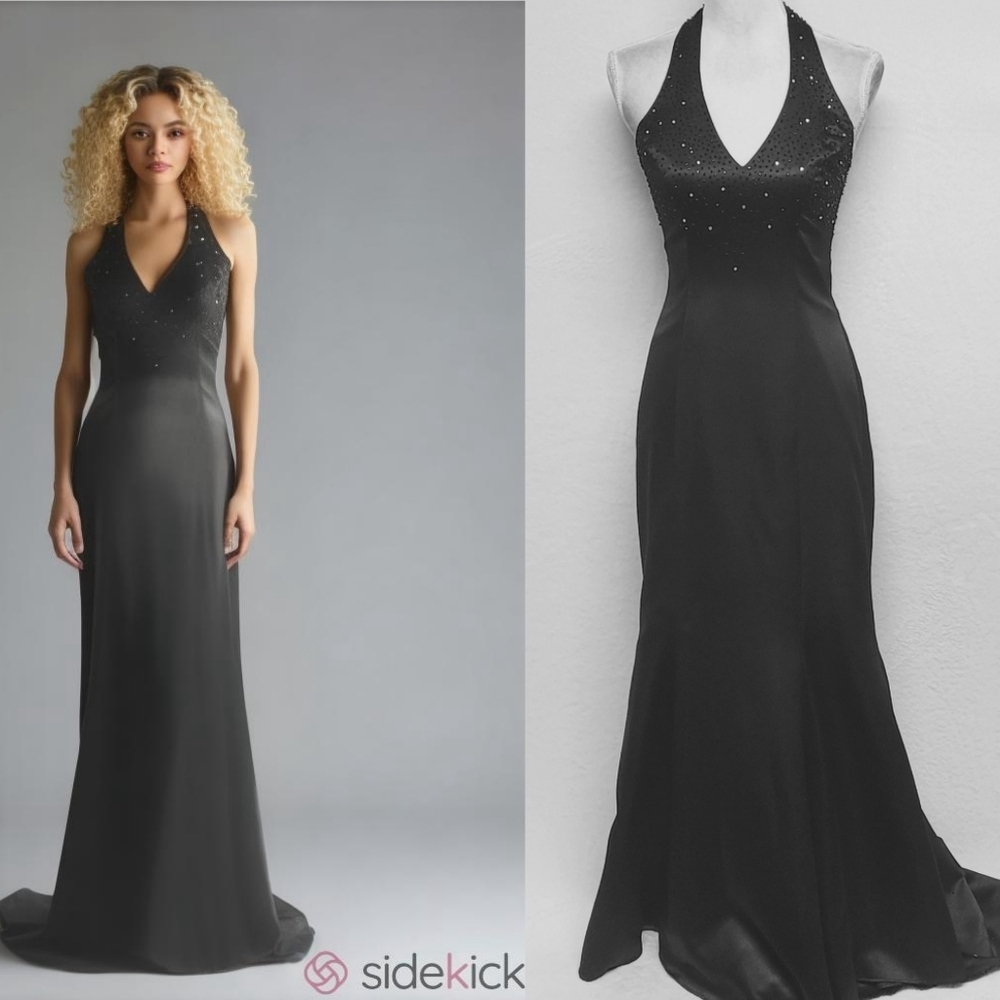 Morgan and Co 90s Vintage Black Satin Crystal Beaded Sweep Train Halter Dress 4